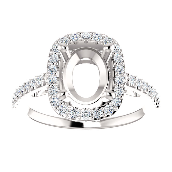 14K Gold Oval Cut w/ Diamond Ring Setting - Cushion Halo Style Ring Mounting