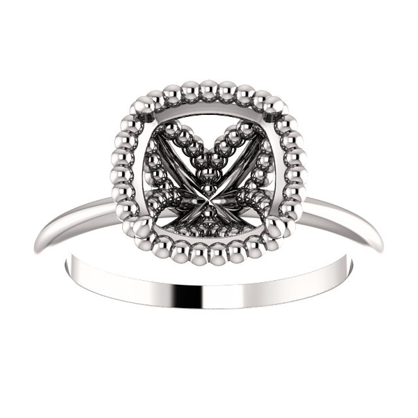 Sterling Silver Cushion Cut Solitaire Ring Setting - Beaded Halo Style Ring Mounting